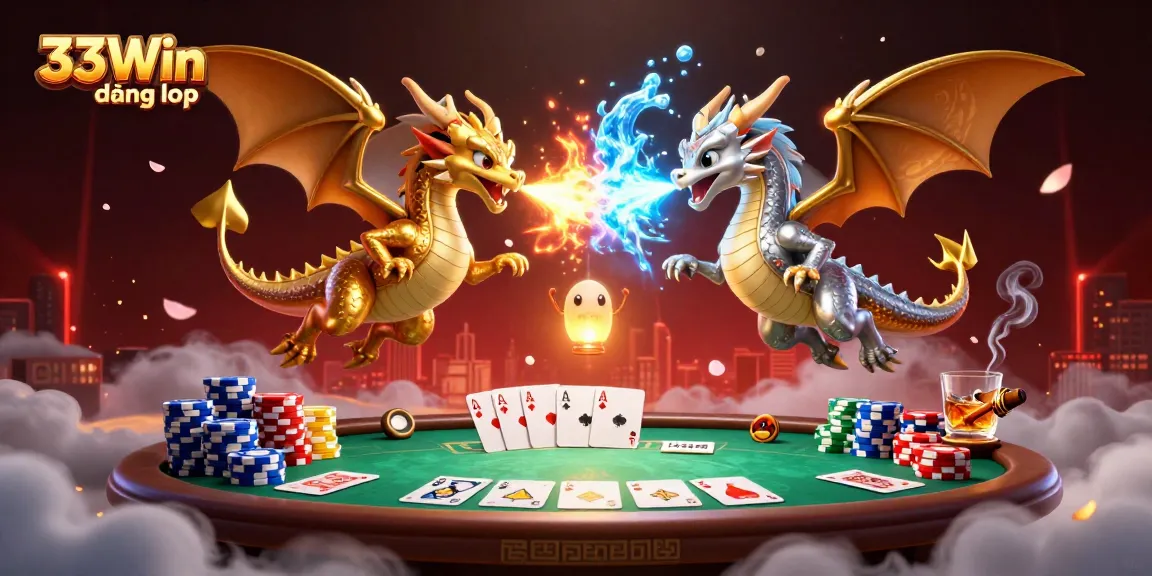 Engage with the thrilling atmosphere of 33Win đăng nhập in a strategic poker scene featuring 3D dragons and game elements.