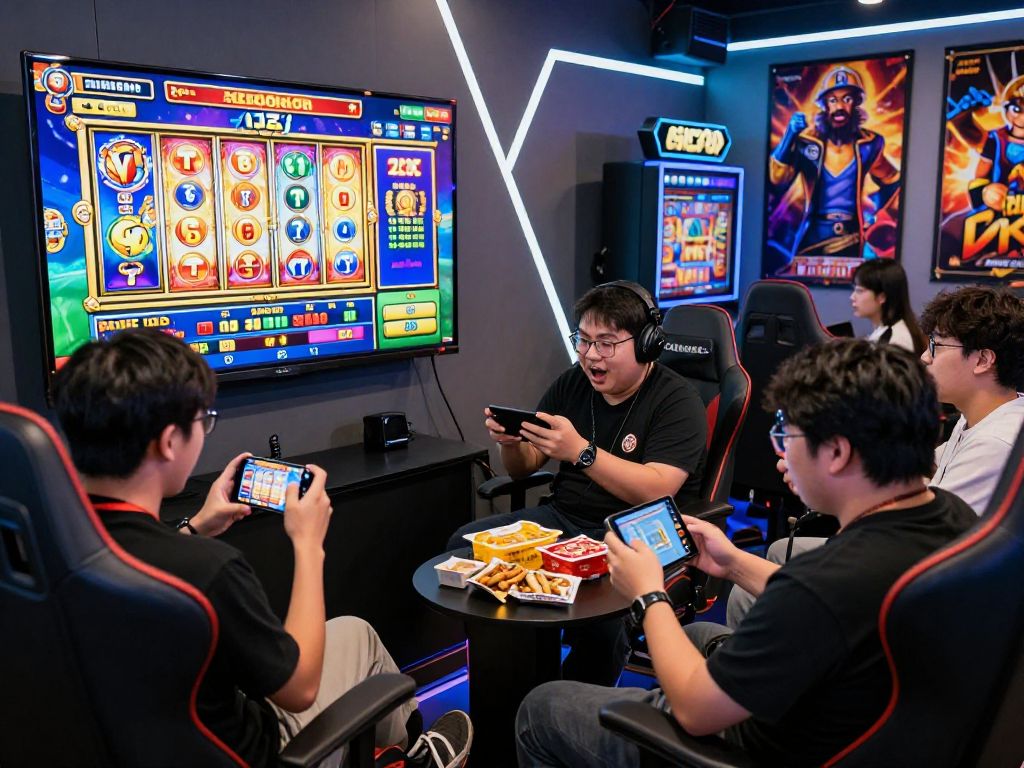 Excited players enjoying slot gacor games on various devices in a vibrant gaming room setting.