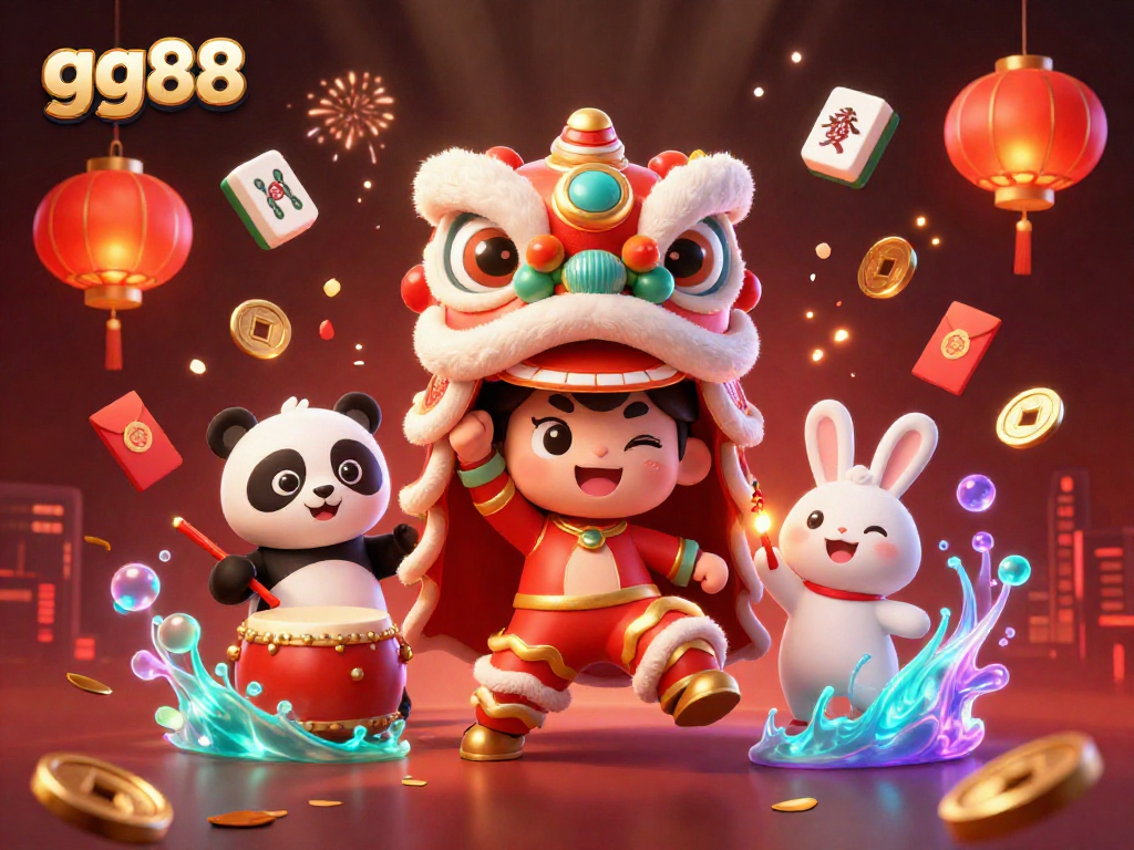 Engage in thrilling action with gg88's vibrant 3D illustration featuring celebratory characters and casino elements.