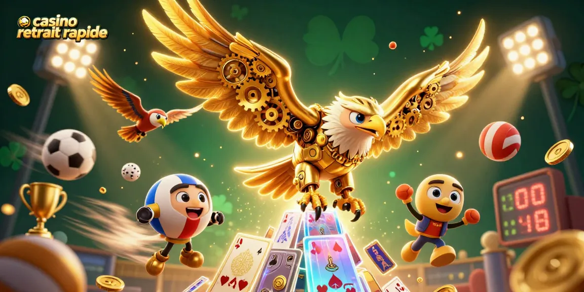 Illustration dynamique représentant un casino retrait rapide avec un aigle cybernétique et des éléments de jeu.