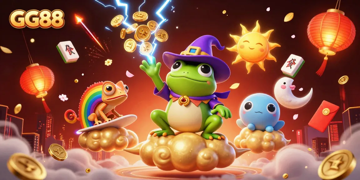 Engage in GG88's vibrant gaming world with stunning visuals of a golden coin storm and dynamic characters.