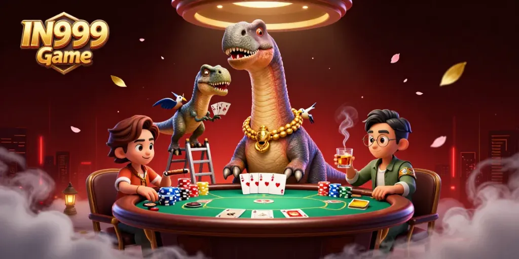 Engage with the IN999 Game as a massive brontosaurus watches a raptor deal poker cards at a lively table.