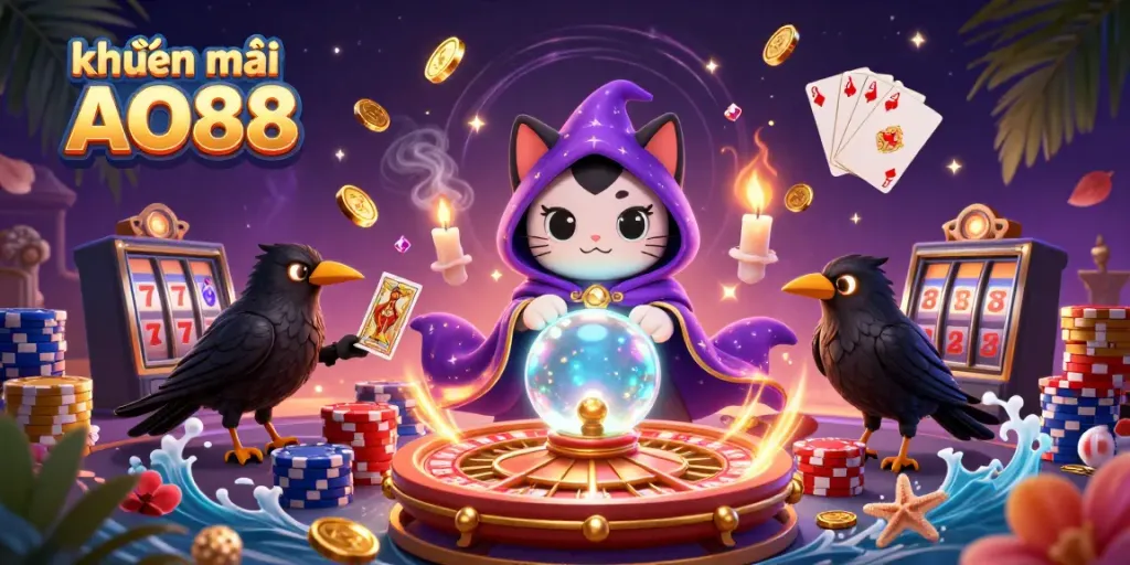 Experience the exciting khuyến mãi AO88 with a vibrant scene of a mystical cat and raven amidst casino elements.