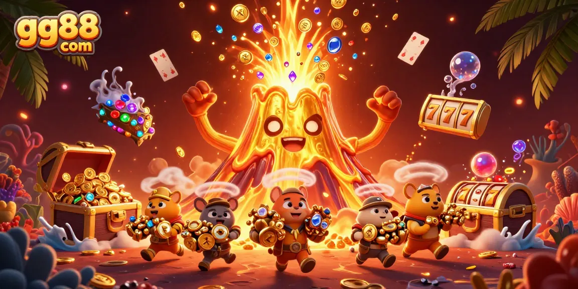Engage players at gg88 com with thrilling action of a golden volcano erupting treasures in a vibrant casino scene.