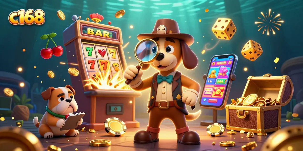 c168 detective examining a golden poker chip in a vibrant casino scene filled with winning symbols.