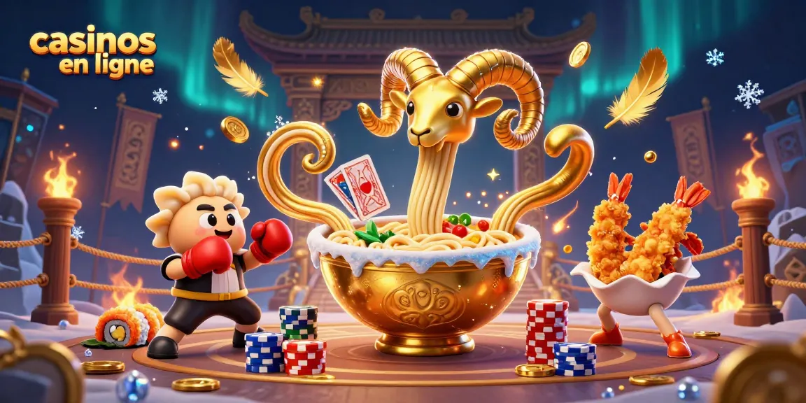 Jouez aux casinos en ligne avec une scène pleine de personnages comme un bol de ramen géant et des éléments de jeu captivants.