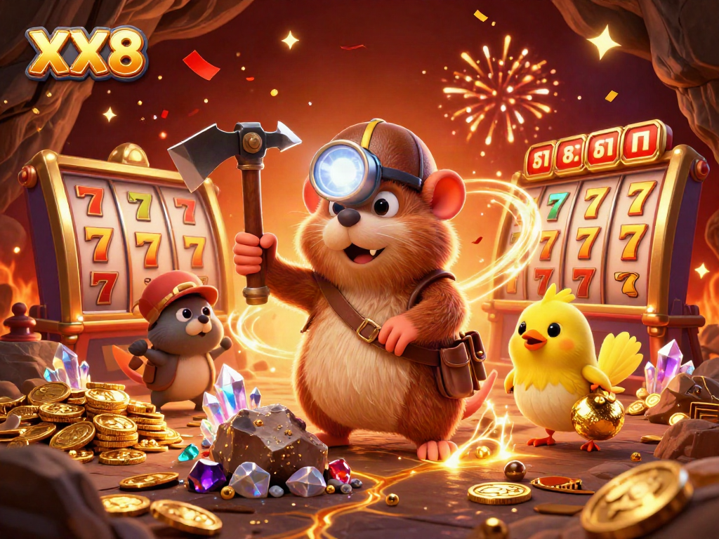 Experience thrilling wins at XX8 with vibrant slot reels, a treasure hunter, and dynamic casino elements.