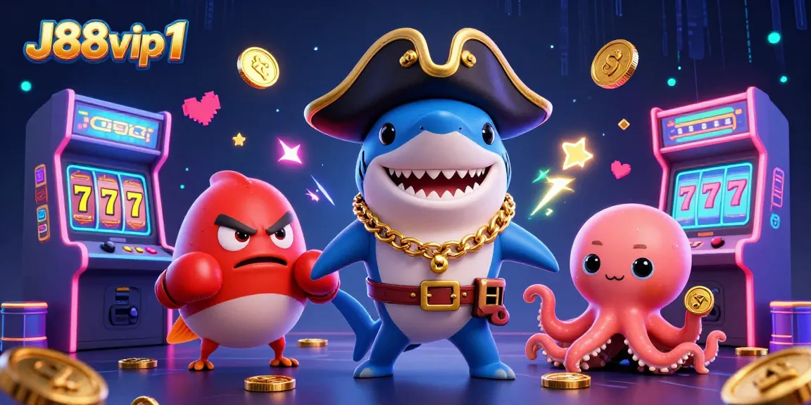 Engage with J88vip1's thrilling slots as a cheerful shark and octopus celebrate winning with coins!