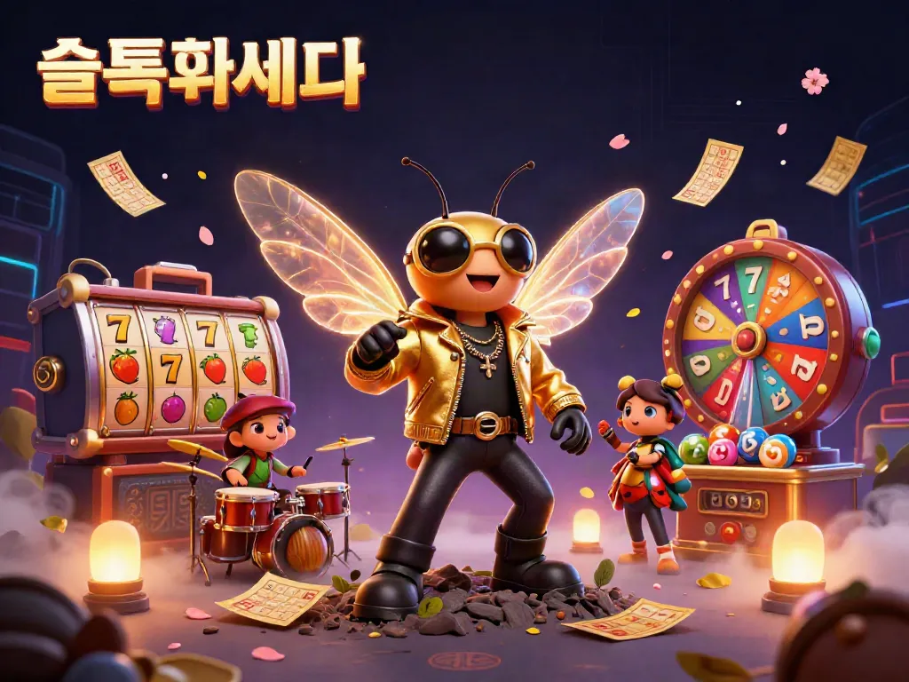 Engage in thrilling gameplay with "슬롯사이트" featuring vibrant slot reels, energetic characters, and dynamic jackpot excitement.