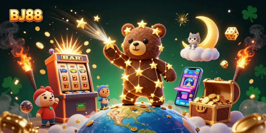 BJ88 players engaging in a vibrant casino scene with a charming constellation bear, colorful slot elements, and stunning jackpot excitement.