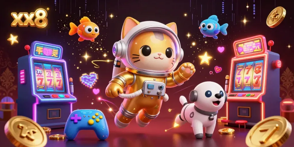 Experience thrilling gameplay at xx8 with a 3D scene showcasing a space-themed casino adventure and dynamic slot machines.