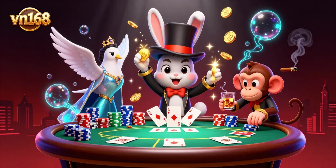 Experience thrilling gameplay at vn168 with a 3D magician rabbit, dove assistant, and monkey in action.