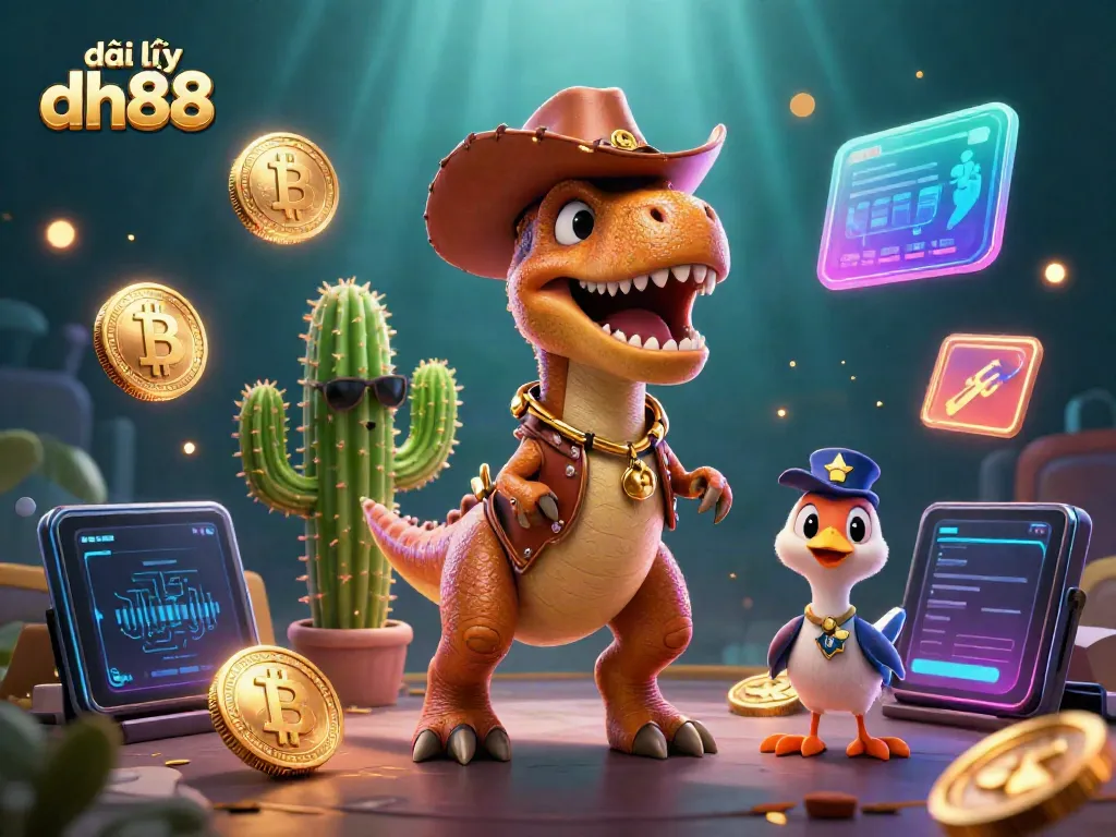 Engage in thrilling gameplay with đại lý dh88, showcasing a cowboy dinosaur amidst glowing crypto elements.