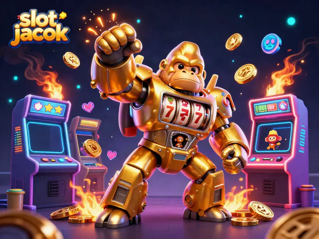 Experience thrilling slot jackpots with a golden gorilla mech bursting with coins and spinning reels.