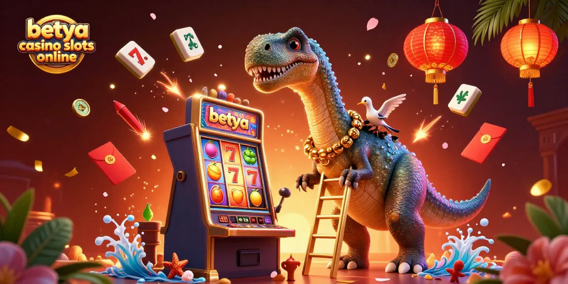 Experience the excitement of betya casino slots online with a dynamic 3D illustration featuring a playful brontosaurus and raptor!
