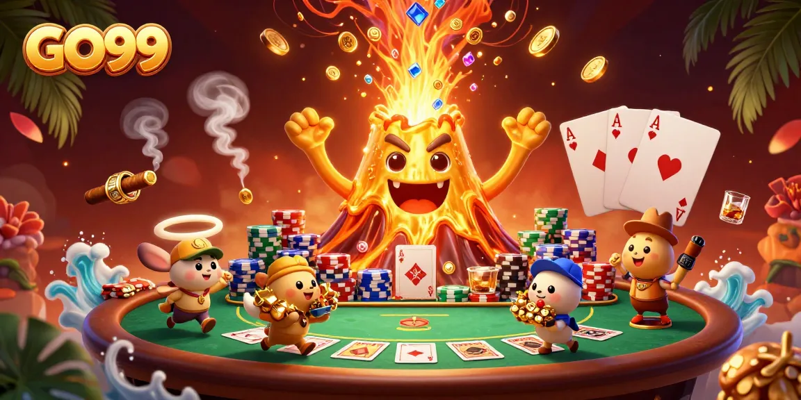 Experience the excitement of GO99 with cartoon characters amidst a lavish poker scene.