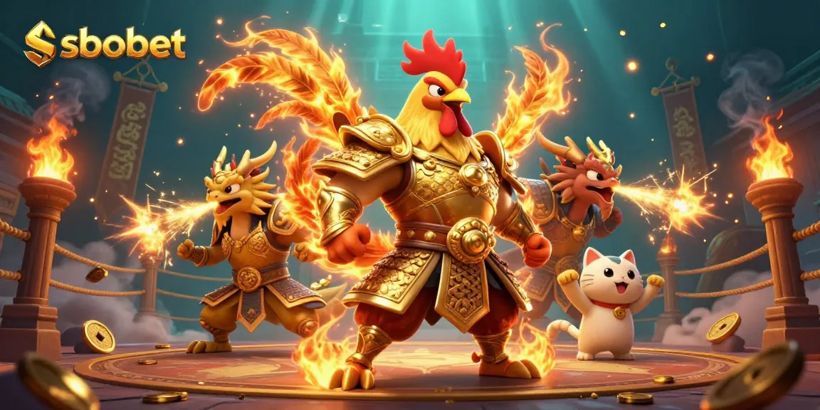 Engage in thrilling sbobet betting with a fierce rooster warrior and dragon hatchling in an epic arena.
