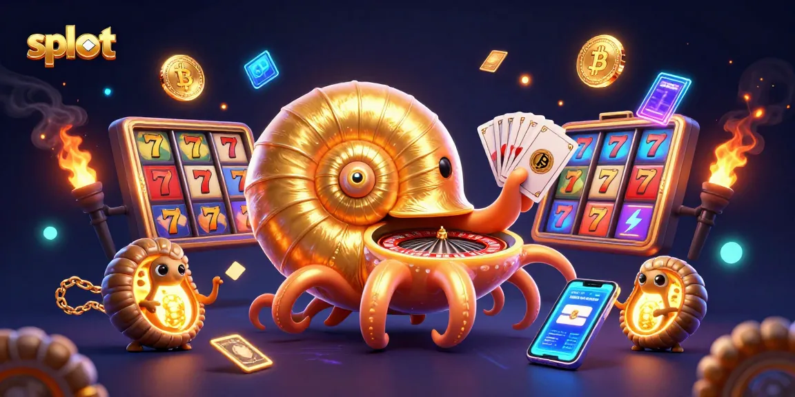 Spin the slot reels in a vibrant casino scene with glowing crypto elements and a giant nautilus character.