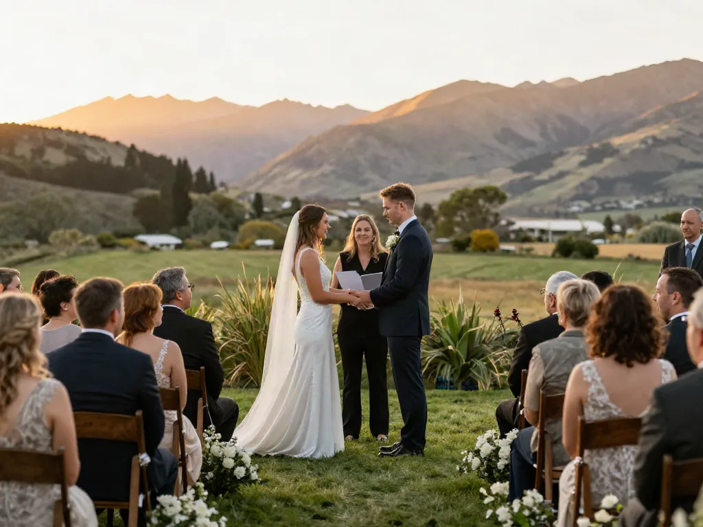 Dunedin wedding photographer capturing a couple's heartfelt vows with stunning Otago landscape in the background.