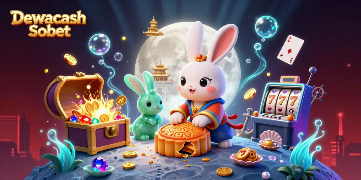 Dewacash Sbobet illustration showcasing a festive lunar scene with a moon rabbit and vibrant casino elements.