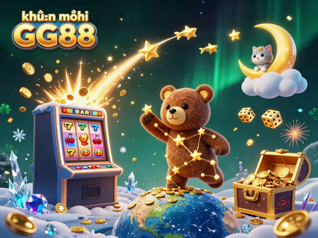 Exciting scene showcasing khuyến mãi GG88 with a constellation bear, coins, and dynamic casino elements in a magical atmosphere.