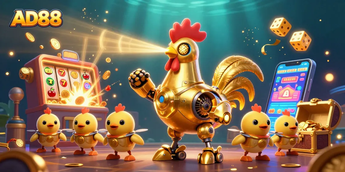 Experience thrilling jackpots at AD88 with a golden rooster robot in an exciting casino scene.