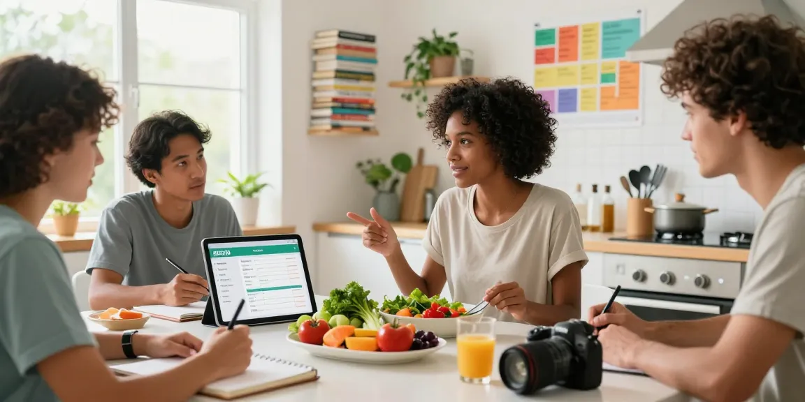 Group discussing the best macro tracker apps for 2026, showcasing healthy food and nutrition.