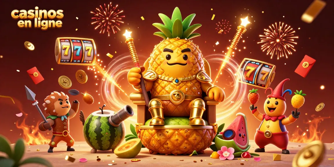 Jouez aux casinos en ligne avec le roi des fruits et ses gardes dans une scène festive colorée.