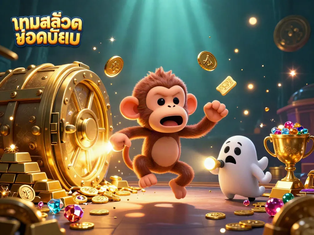 Track the mischievous poltergeist monkey juggling golden treasures at a haunted casino in this vibrant 3D scene featuring เกมสล็อตยอดนิยม.