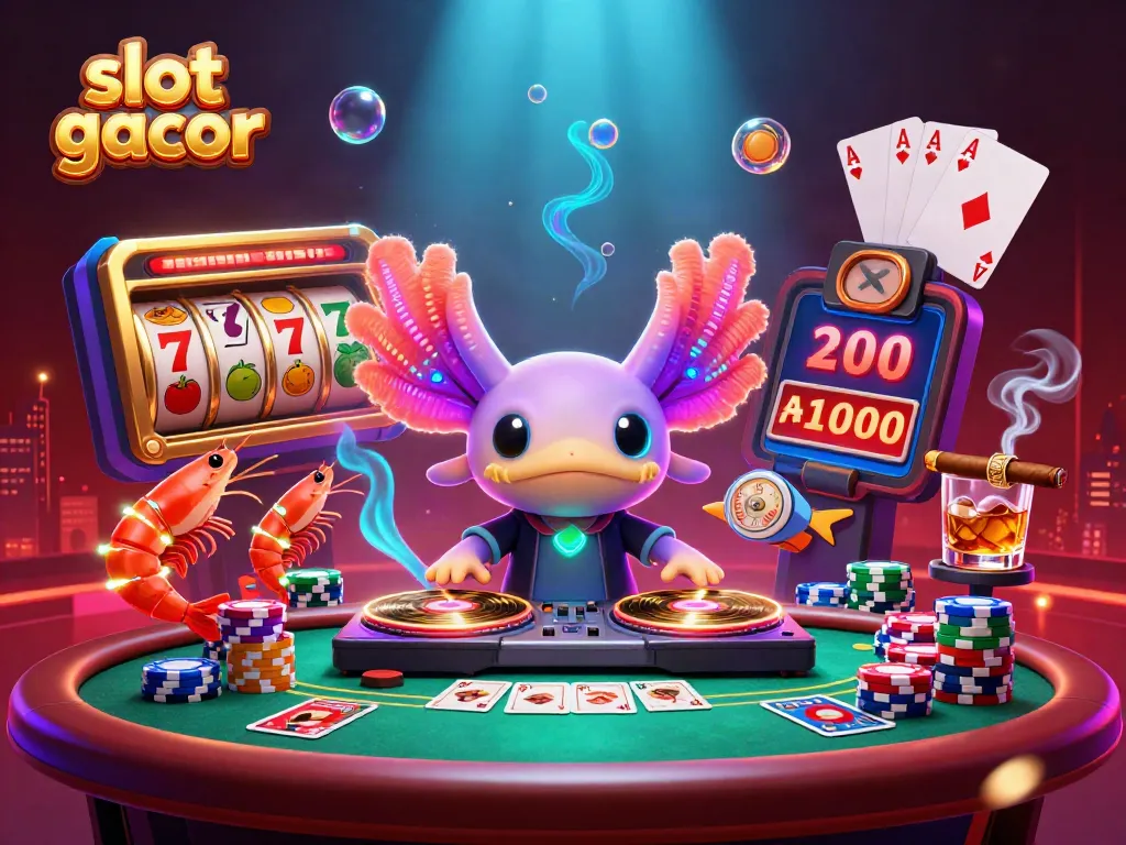 Engaging slot gacor scene with a colorful axolotl DJ amidst lively casino elements.