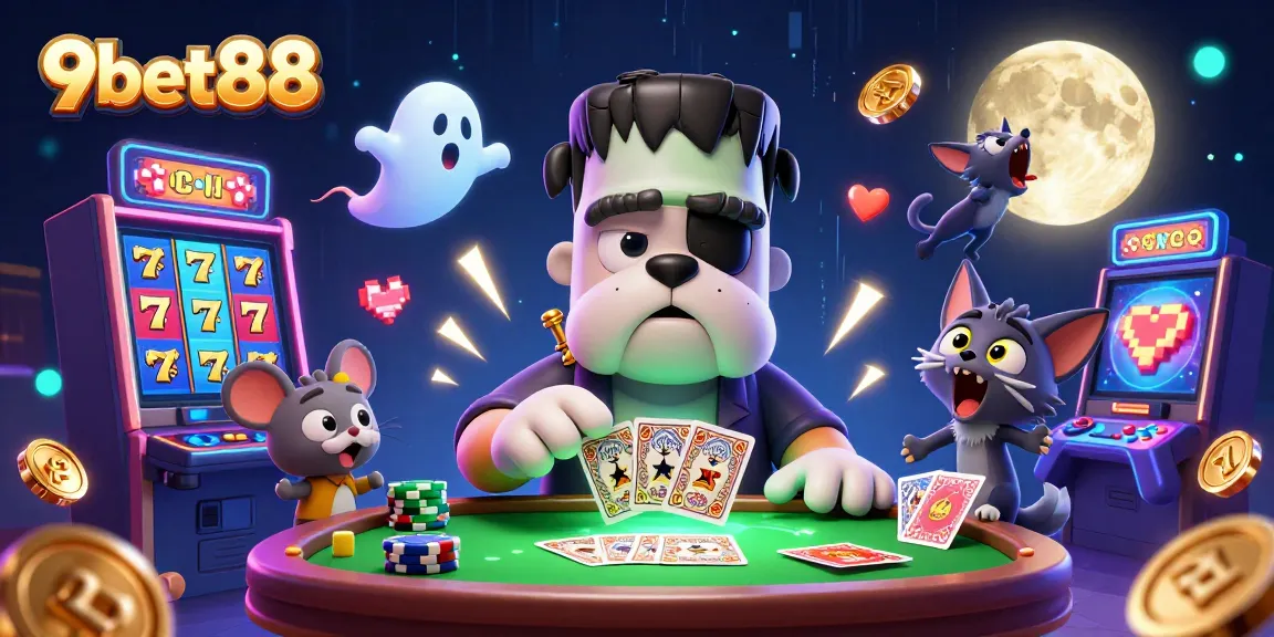 Engage with thrilling slot adventures at 9bet88 while the signature bulldog dealer interacts with players.