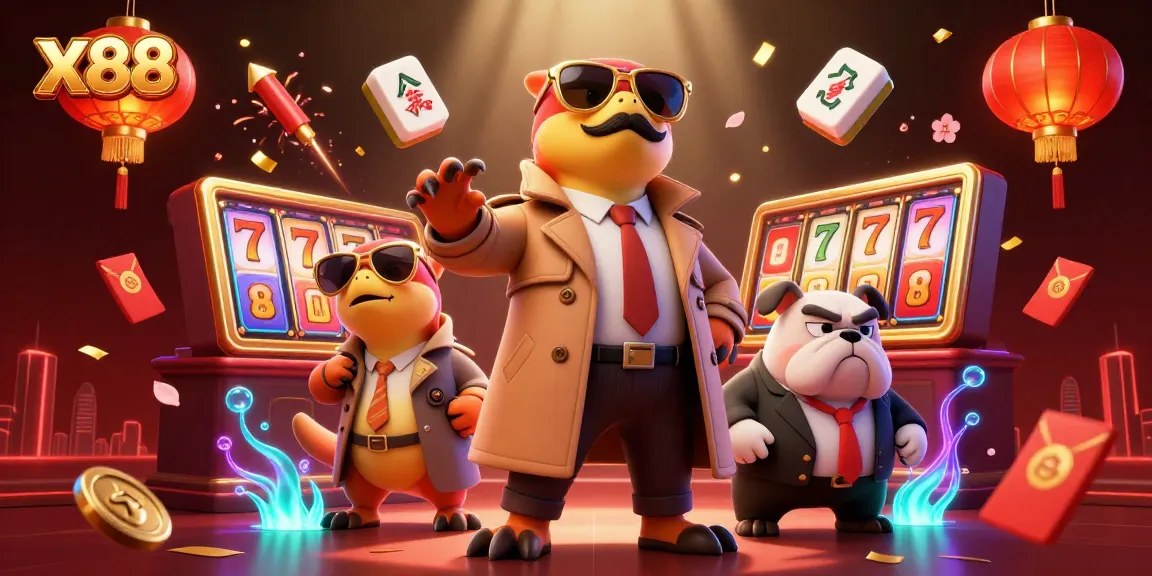 Join the excitement at x88 with raptors sneaking into a VIP casino, surrounded by thrilling gaming elements.