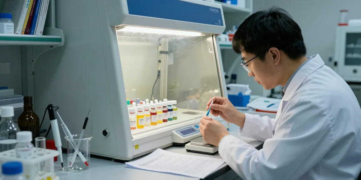 Researcher analyzing lyophilized peptide vial in a lab environment, emphasizing scientific study and precision.