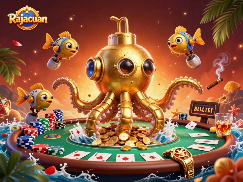 Rajacuan players enjoying a thrilling game of poker surrounded by golden coins and vibrant game elements.