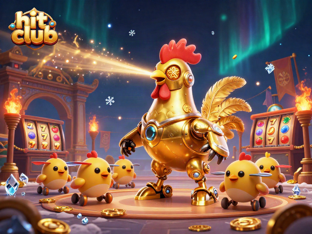 Engage in excitement at the hit club with a golden rooster robot and chick drones in a dynamic casino setting.