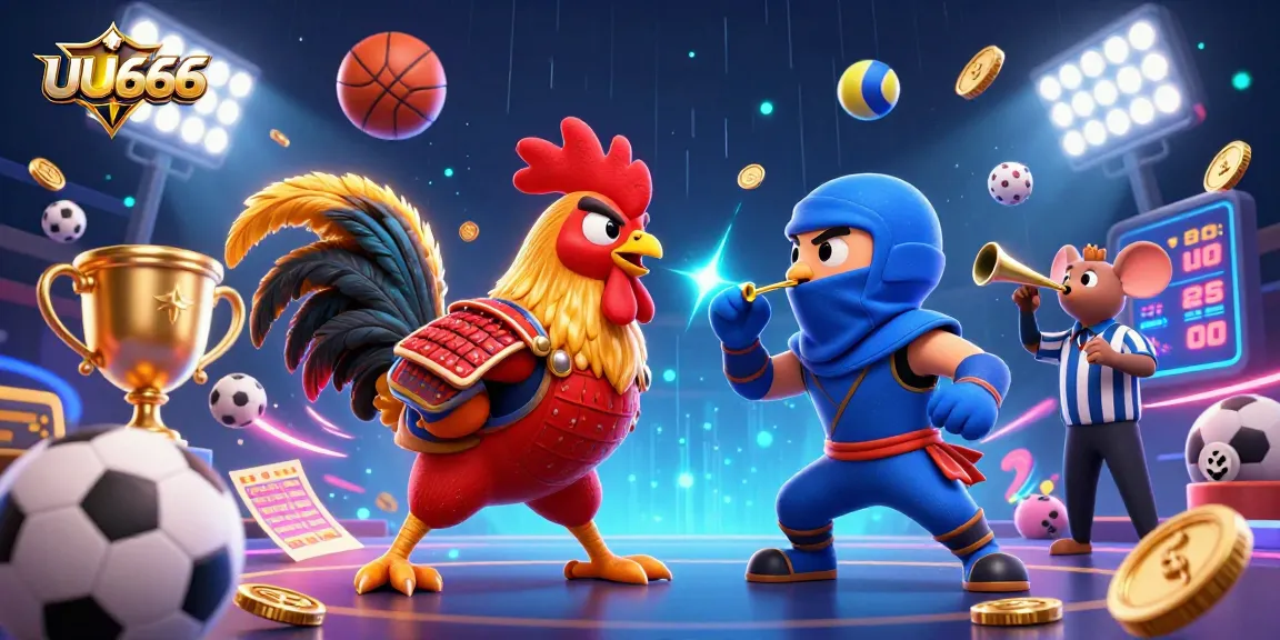 Bet on intense moments with UU666: Twin roosters clash with sports elements in a lively arena.