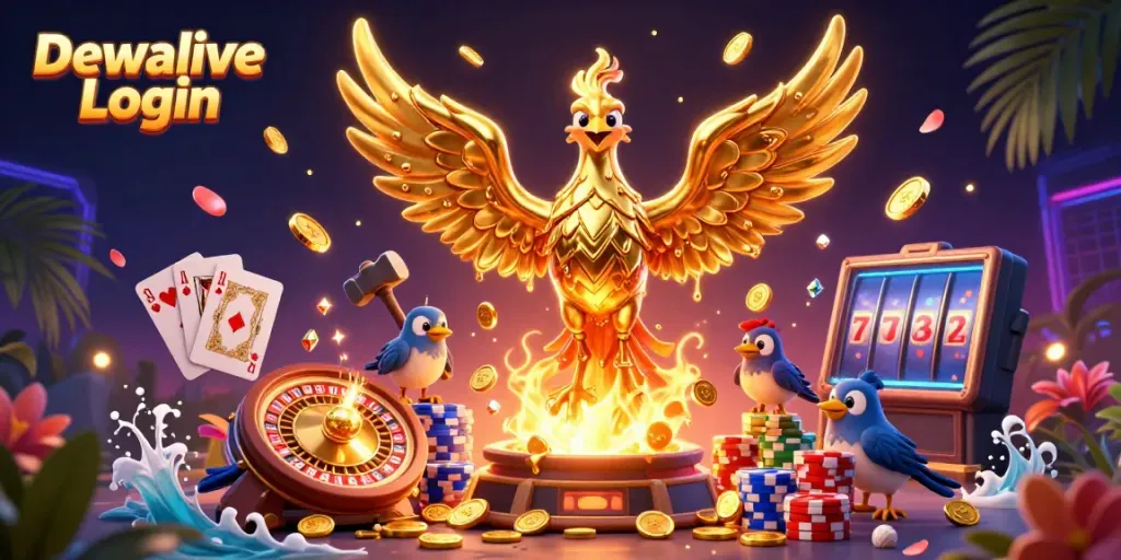 Experience the thrill of Dewalive Login with vibrant casino elements and a dynamic phoenix scene.