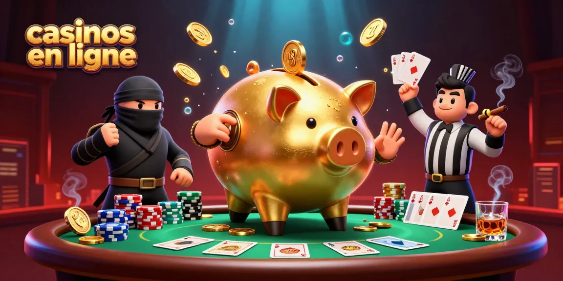 Illustration dynamique illustrant des jeux dans des casinos en ligne avec un grand cochon tirelire sumo et un ninja.