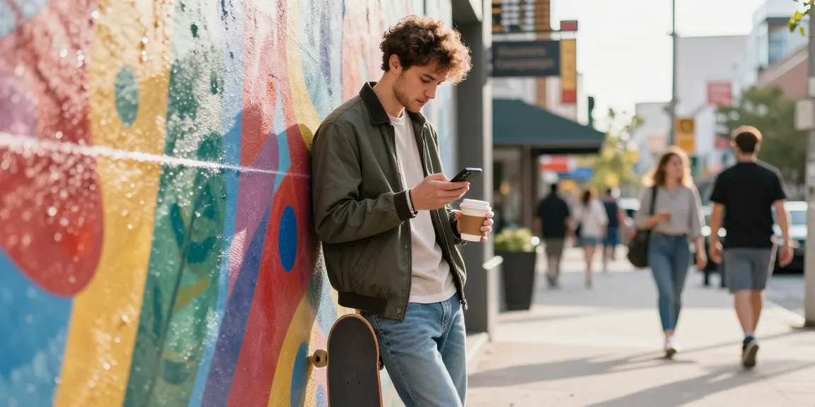 Motchill lifestyle moment in urban setting with vibrant streetwear and coffee.