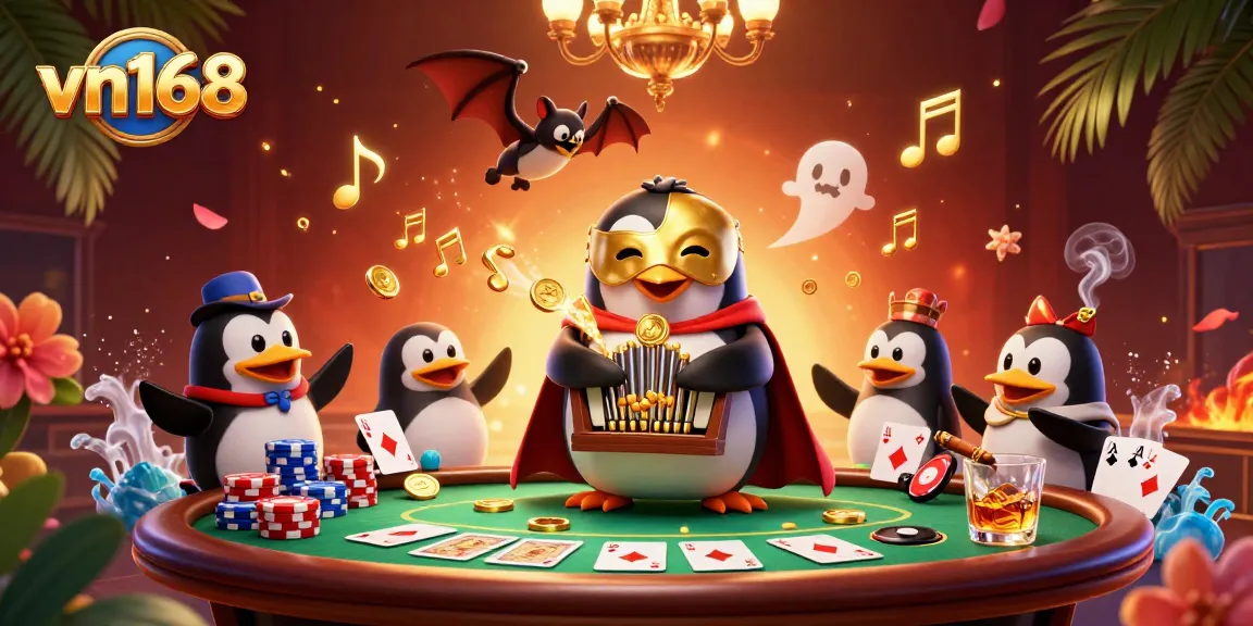 Experience thrilling gaming action with vn168's vibrant 3D casino illustration featuring a penguin organist.