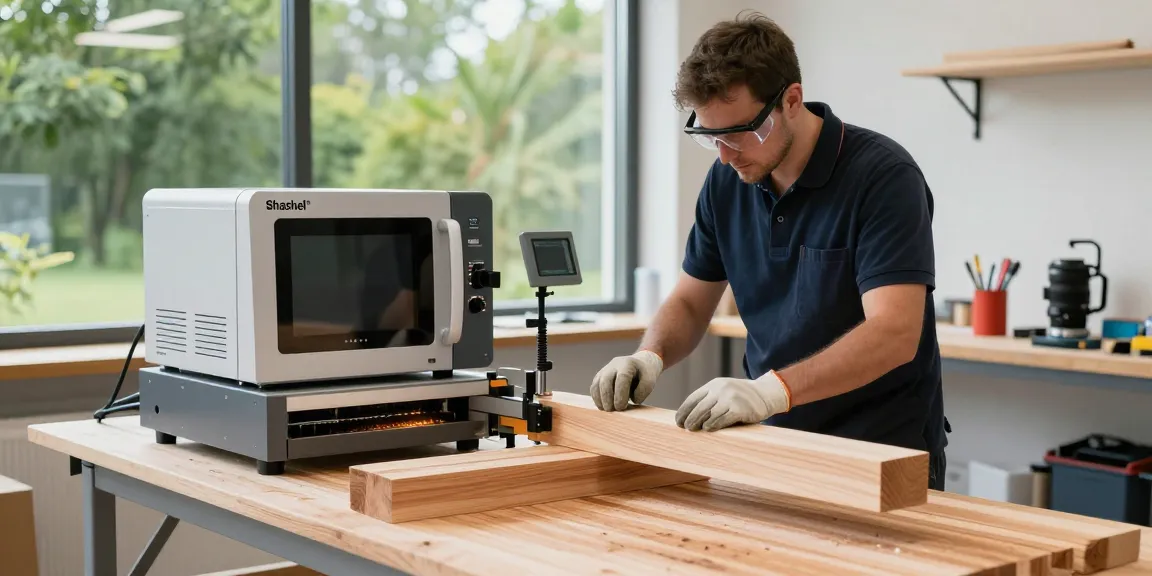 Shashel microwave device in action treating wood, showcasing chemical-free woodworm elimination.