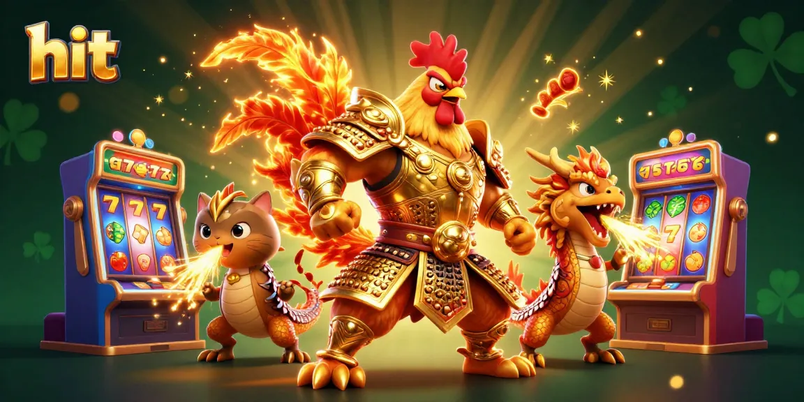 Experience thrilling hits at Hit Club, featuring a powerful rooster warrior and golden dragon in a vibrant casino.