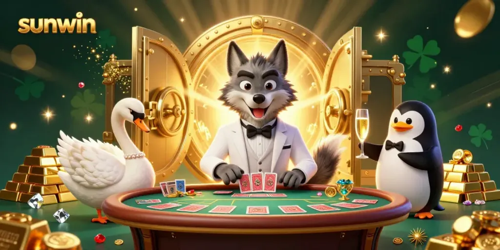 Engaging sunwin casino scene with a charming wolf, elegant swan dealer, and sophisticated penguin, surrounded by gold treasures.