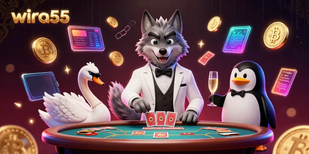 Bermain slot di wira55 dengan karakter menarik dan koin kripto bersinar.