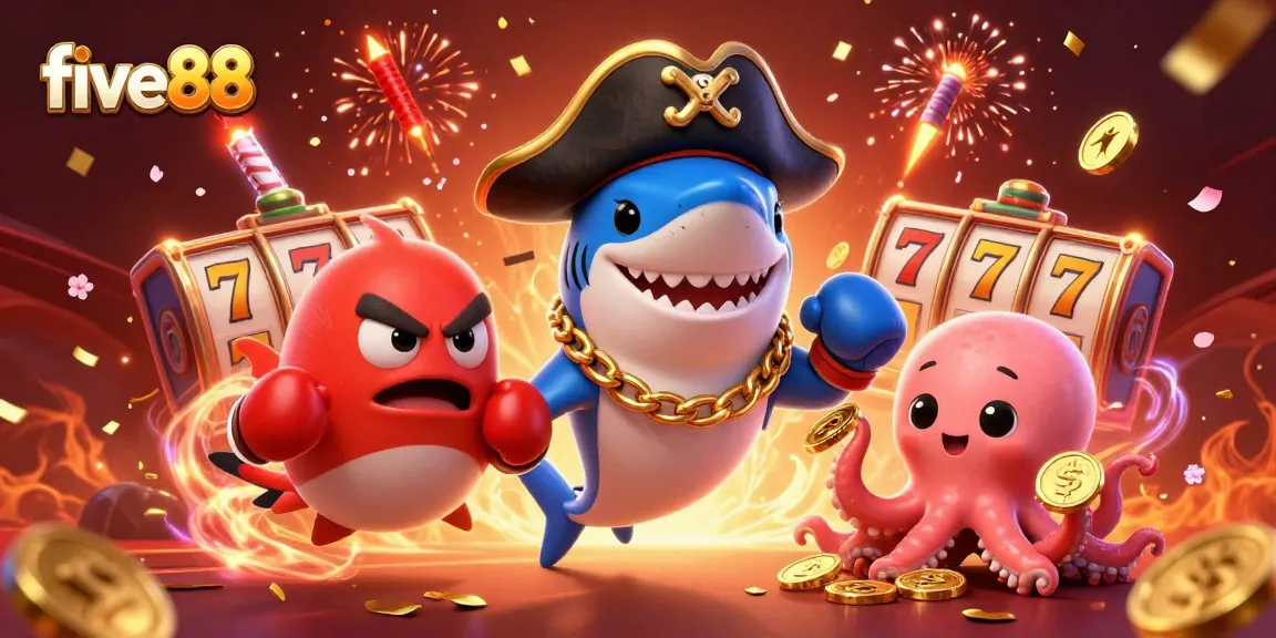 Experience the excitement at five88 with a vibrant casino scene featuring cartoon characters and game elements.