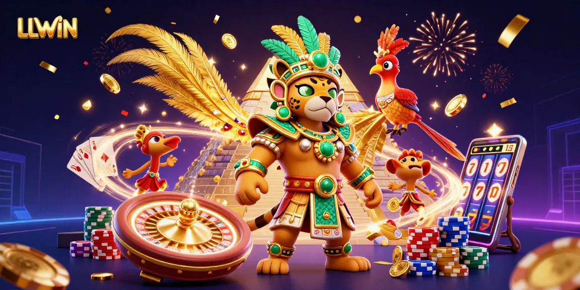 Experience LLWIN's vibrant gambling atmosphere with colorful characters and casino elements.