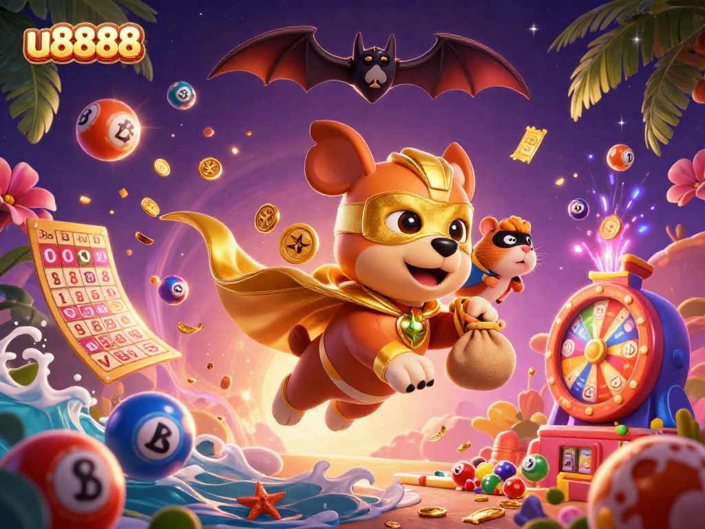 Join the fun at u8888 as a superhero dog flies with gold coins and lottery balls.