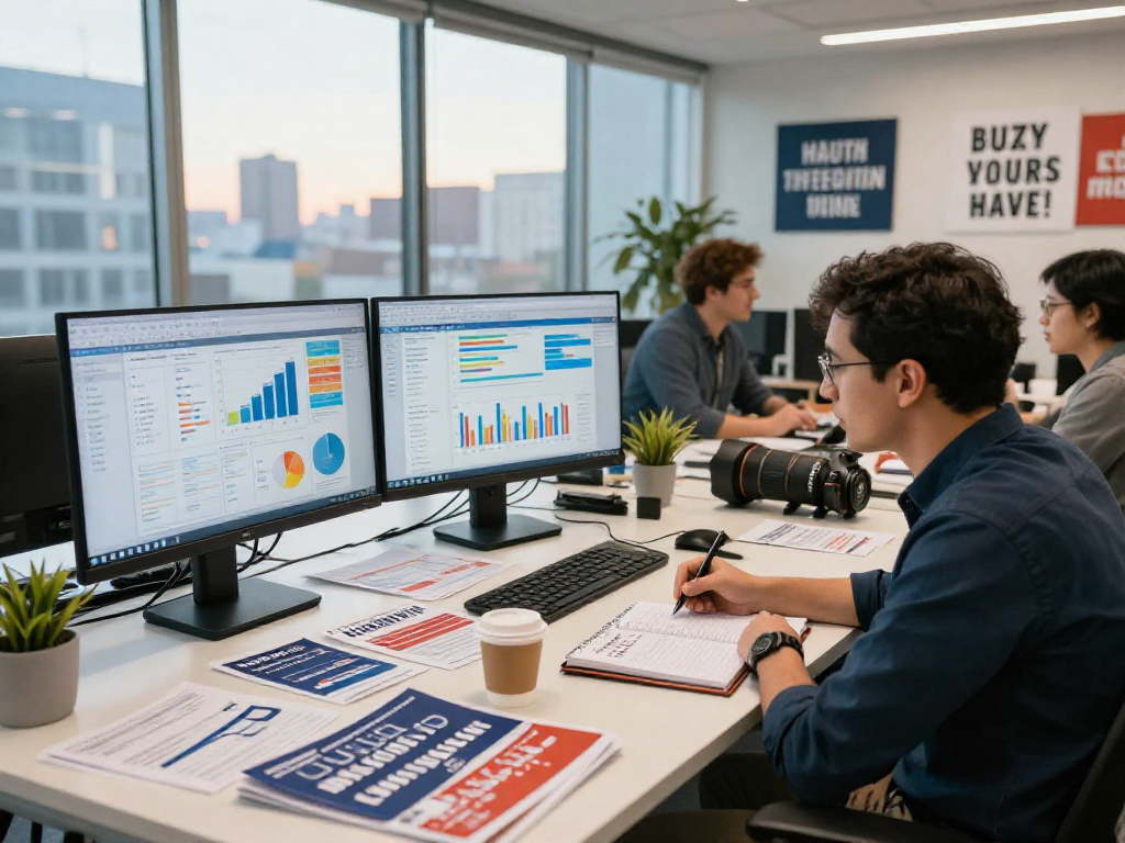 Using instagram ads for campaigns, a political strategist analyzes voter data in a vibrant office.