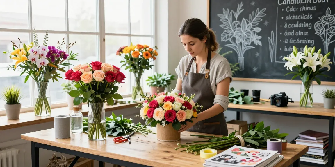 Florist crafting a unique floral arrangement showcasing colorful blooms and artistic tools in a bright studio.