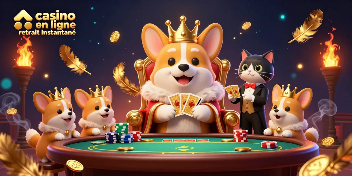 Visuel saisissant d'un casino en ligne retrait instantané avec un corgi royal sur un trône de jetons et un majordome chat présentant des cartes.